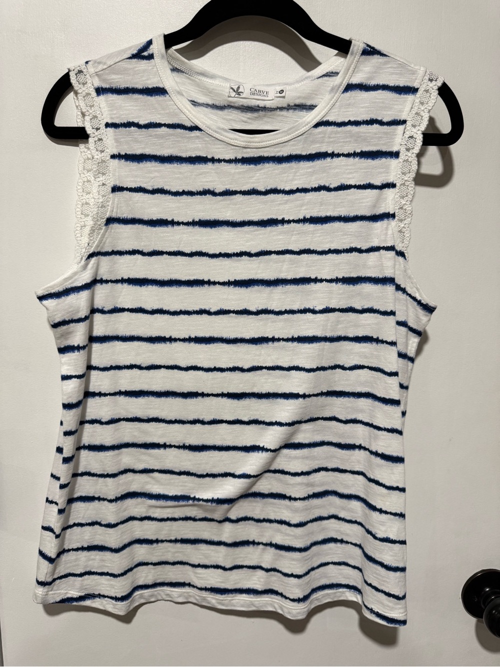 Carve Designs White & Navy Striped Lace-Trim Tank-#1450